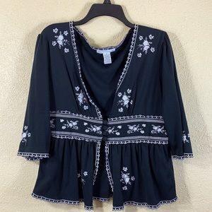 Esseantials by ABS Black Top Blouse L Floral Embroidery